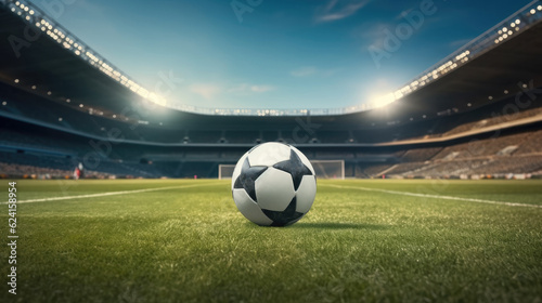 Stadium with soccer ball, Football soccer ball on grass. © visoot