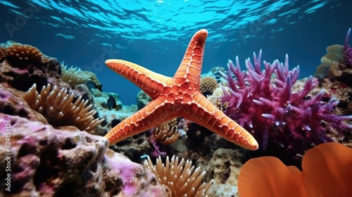 Tropical sea underwater starfish on coral reef, Landscape nature snorkeling diving.