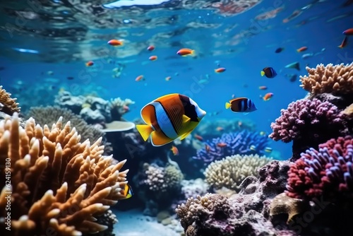 Tropical sea underwater fishes on coral reef, Coral colony and coral fish, Landscape nature snorkeling diving.