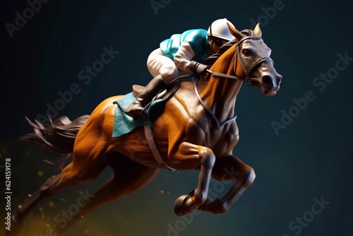 Equestrian sport young boy rides on horse on championship on dark background. generative ai © Saim Art