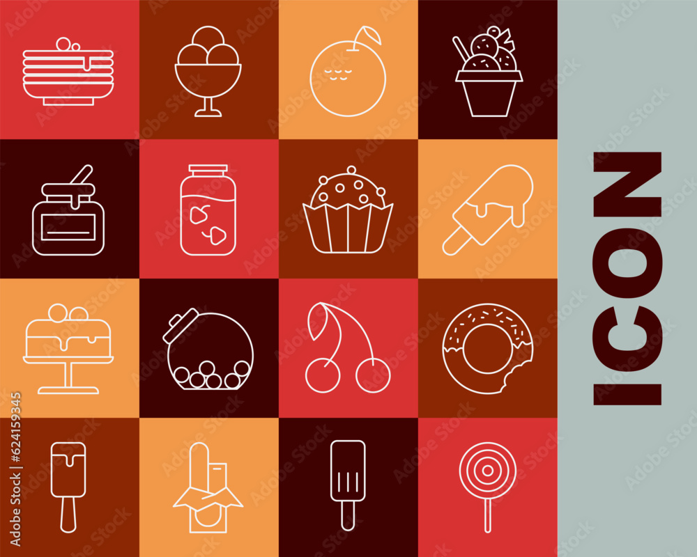 Set line Lollipop, Donut, Ice cream, Apple, Strawberry jam jar, Jar of honey, Stack pancakes and Cupcake icon. Vector