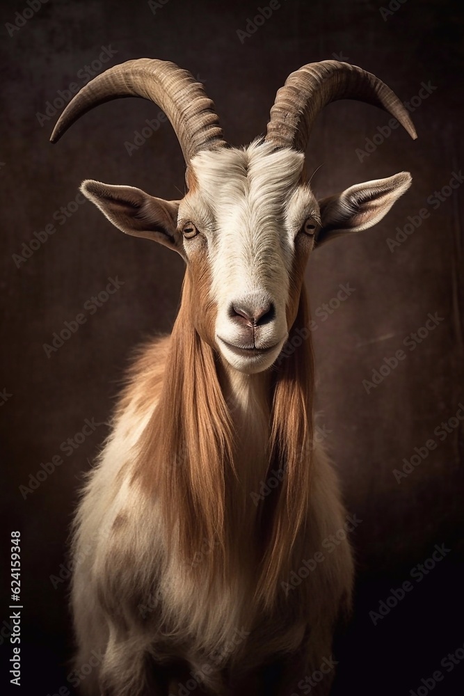 herd of cute white brown fluffy goat with horns standing on brown background. generative ai