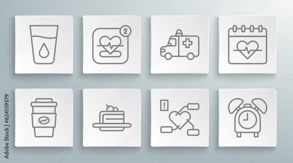 Set line Coffee cup to go, Mobile with heart rate, Cake, Attention health, Alarm clock, Ambulance and emergency car, Heart and Glass water icon. Vector Set line Coffee cup to go, Mobile with heart rate, Cake, Attention health, Alarm clock, Ambulance and emergency car, Heart and Glass water icon. Vector