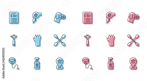 Set line Retractable cord leash, Pet shampoo, Grooming salon price list, Location pet grooming, Paw print, Cotton swab for ears, Hair brush dog and and dryer icon. Vector