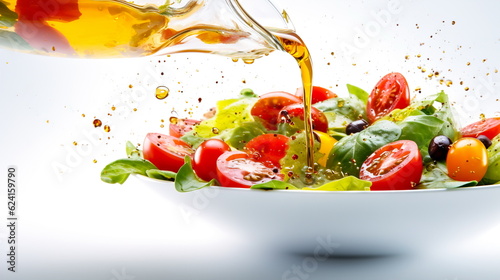 Vegetable salad in a bowl with flying ingredients and drops of olive oil.Generative AI