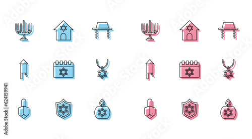 Set line Hanukkah dreidel, Shield with Star of David, menorah, Burning candle, Jewish calendar, necklace on chain, Firework rocket and synagogue icon. Vector