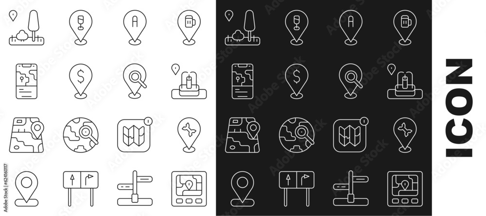 Set line Gps device with map, Car service, Location fountain, Cash location, City navigation, and Search icon. Vector Set line Gps device with map, Car service, Location fountain, Cash location, City navigation, and Search icon. Vector