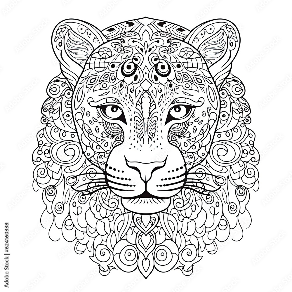 Fototapeta premium Leopard animal line art illustration. Black and white coloring page style art. Generative AI