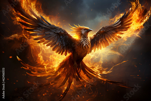 A phoenix rising from the ashes, a fiery bird. Burning bird. AI generated © Eugenia