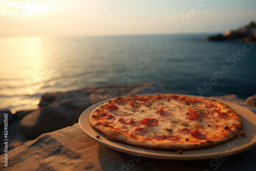 Pizza in a plate on the background of the sea. AI generative.
