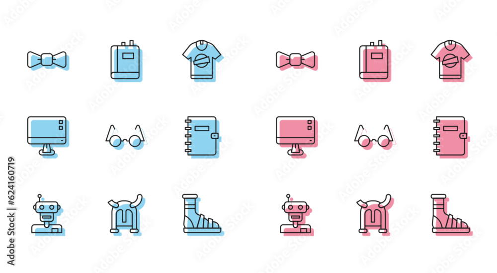 Set line Robot, Viking in horned helmet, Bow tie, Slippers with socks, Eyeglasses, Spiral notebook, Computer monitor screen and Book icon. Vector Set line Robot, Viking in horned helmet, Bow tie, Slippers with socks, Eyeglasses, Spiral notebook, Computer monitor screen and Book icon. Vector