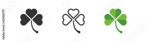 Clover with three leafs simple icon. St Patrick's day, leprechaun symbols. Green lucky clover sign. Flat design. Vector illustration.