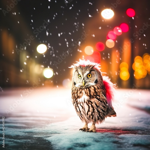 A funny cute owl stands on a snowy street under the snow against the background of colored lights.Christmas card theme.Generative AI
