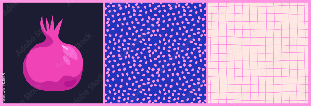 set of prints with pomegranate, mesh and dots. a modern selection of stylized prints in blue and pink. set of prints with pomegranate, mesh and dots. a modern selection of stylized prints in blue and pink.