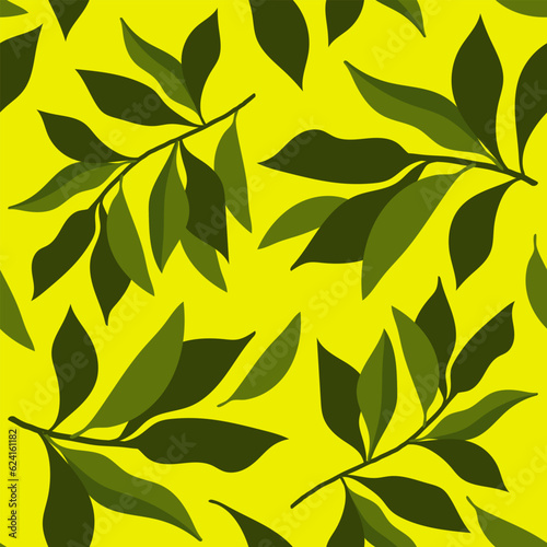 green leaves on an acidic background. bright juicy endless print with twigs and leaves.