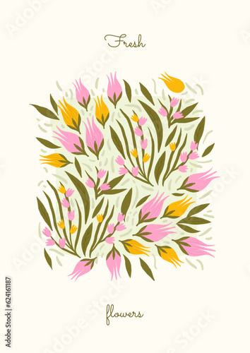 cute flower arrangement of pink and yellow tulips. kitchen print