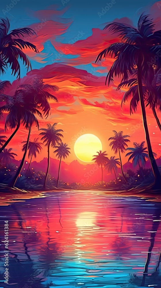 A vibrant abstract sunset over a tropical beach, with warm tones and silhouettes of palm trees, evoking a sense of relaxation and paradise. Colorful illustration art. Generative AI