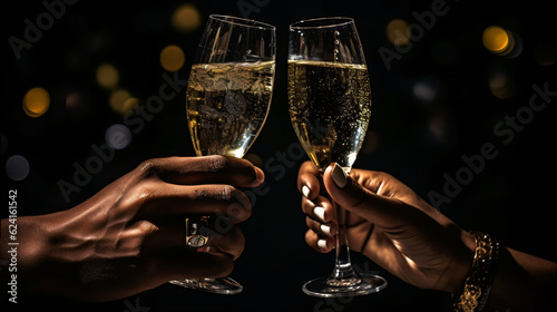 Toast with sparkling wine or champagne glasses on dark black night background - Young woman und man holding glass in the hand
