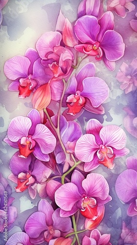 Watercolor Orchid flower illustration. Colorful painting floral background. Generative AI