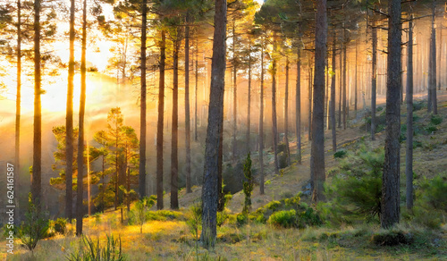 Sunrise streams onto the tall pines of the forest background © anamulhaqueanik