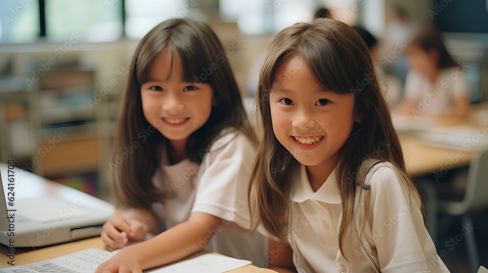 two girls enjoy participating in a computer lesson as a pair. generative AI two girls enjoy participating in a computer lesson as a pair. generative AI