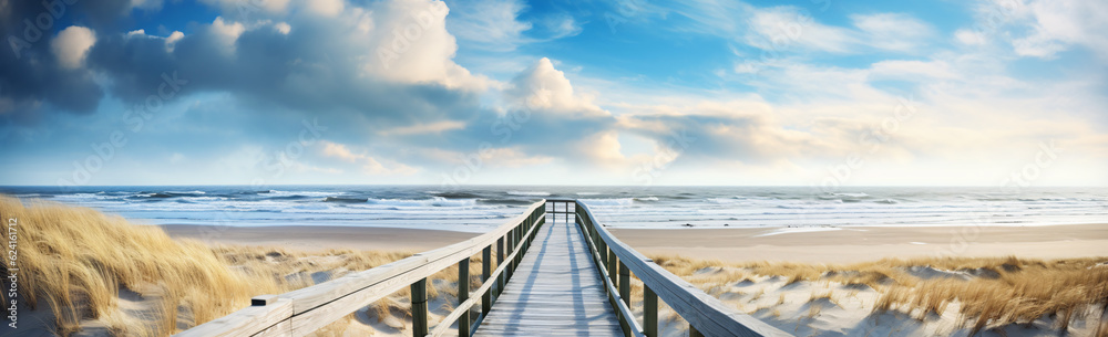 Panoramic landscape background banner panorama of sand dune, beach and ocean North Sea with blue sky, clouds, gulls and sunbeams