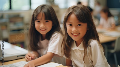 two girls enjoy participating in a computer lesson as a pair. generative AI