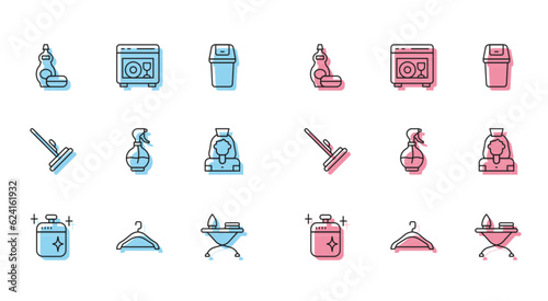 Set line Clean cooking pot, Hanger wardrobe, Dishwashing liquid bottle, Iron and ironing board, Water spray, Cleaning lady service, Mop and Dishwasher machine icon. Vector