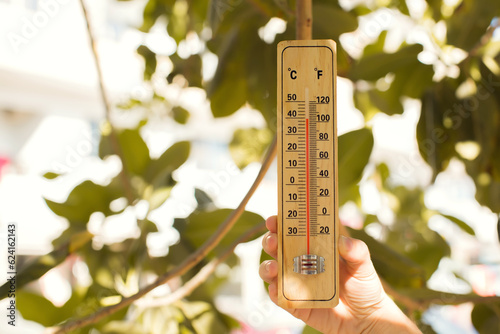 Hot weather. Thermometer in hand in front of green plants during heatwave. High temperature concept