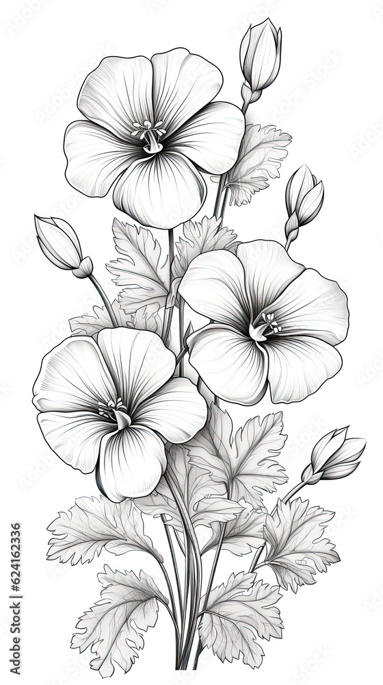 Cute Geranium flower in coloring page style illustration. Line art painting. Generative AI