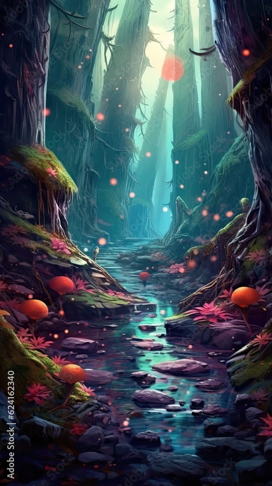 A moody and atmospheric abstract forest with misty layers and deep, rich hues, exuding a sense of mystery and enchantment. Colorful illustration art. Generative AI