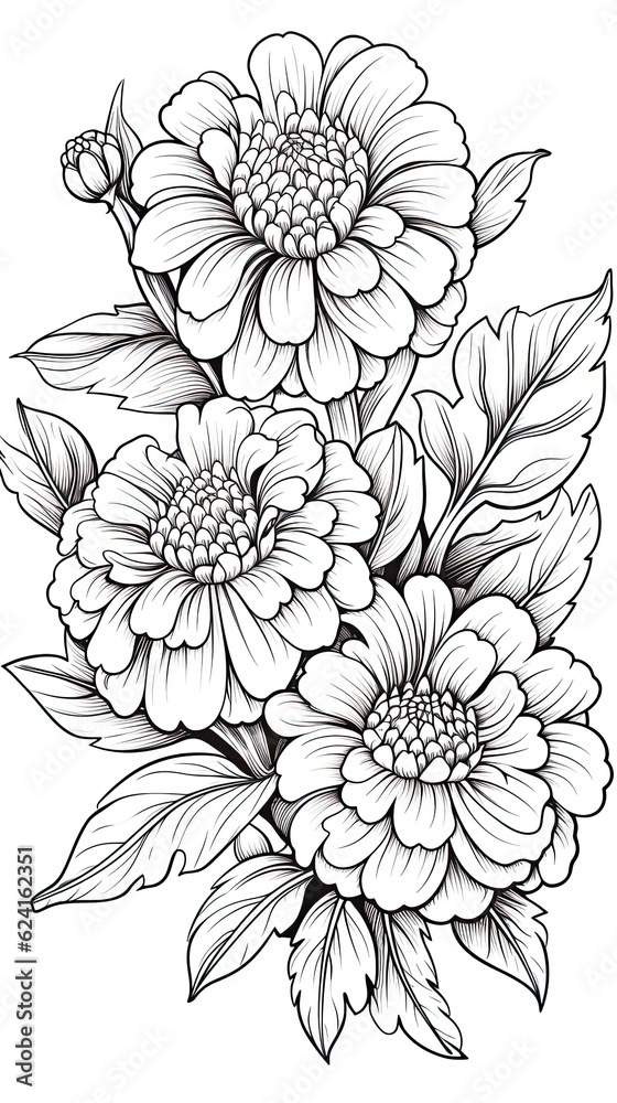 Fototapeta premium Cute Marigold flower in coloring page style illustration. Line art painting. Generative AI