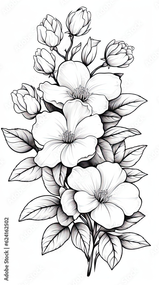 Cute Jasmine flower in coloring page style illustration. Line art painting. Generative AI