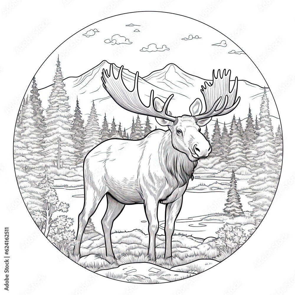 Moose animal line art illustration. Black and white coloring page style ...