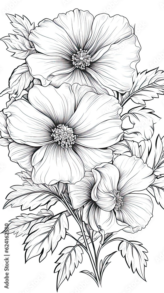 Cute Cosmos flower in coloring page style illustration. Line art painting. Generative AI