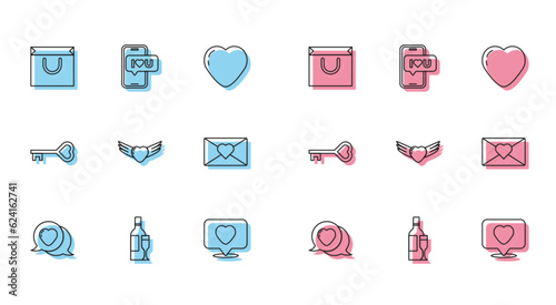 Set line Heart in speech bubble, Champagne bottle, Shopping bag, Like and heart, with wings, Envelope Valentine, Key shape and Mobile icon. Vector