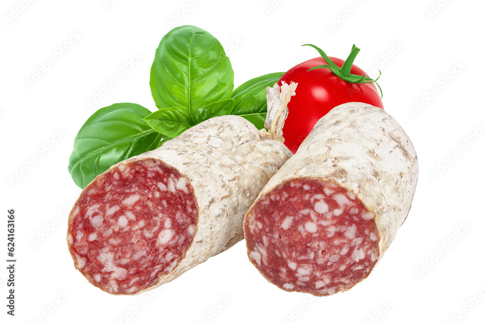 Cured salami sausage isolated on white background. Italian cuisine with full depth of field Cured salami sausage isolated on white background. Italian cuisine with full depth of field