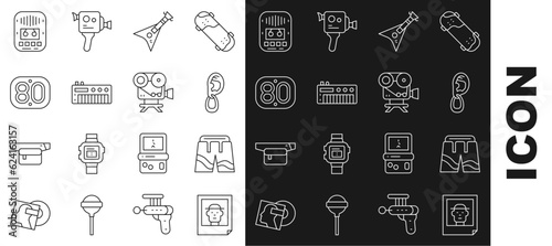 Set line Photo, Short or pants, Ear with earring, Electric bass guitar, Music synthesizer, 80s Retro, Cassette tape player and cinema camera icon. Vector