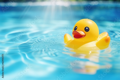toy yellow duck swims in pool.
