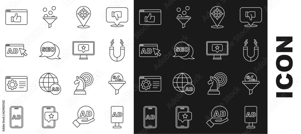 Set line Advertising, Lead management, Magnet, Target, SEO optimization, Customer product rating and Monitor with star icon. Vector Set line Advertising, Lead management, Magnet, Target, SEO optimization, Customer product rating and Monitor with star icon. Vector