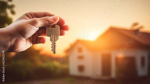 House with key. Real estate concept. Illustration AI Generative.