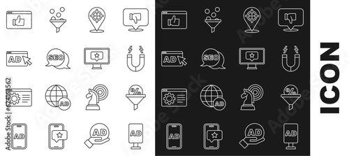 Set line Advertising, Lead management, Magnet, Target, SEO optimization, Customer product rating and Monitor with star icon. Vector
