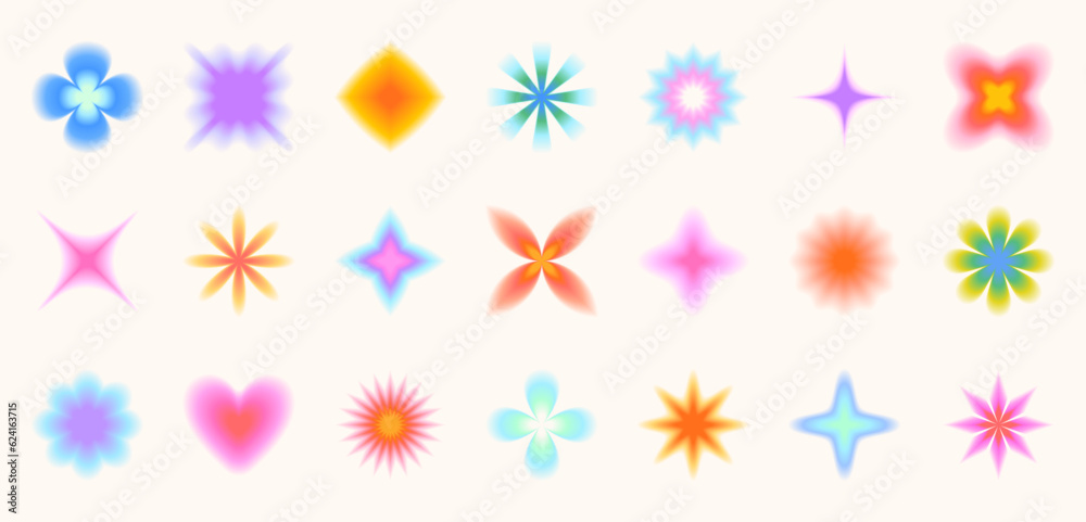 Vector set of  blurred gradient shapes in 90s style.Abstract blurry icons or symbols in y2k aesthetic.Aura design elements for banners,social media marketing,branding,packaging,covers
