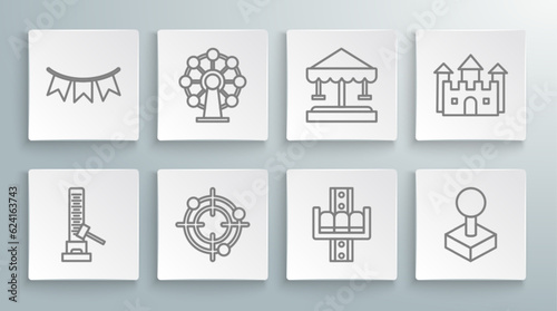 Set line High striker attraction with big hammer, Ferris wheel, Target sport for shooting competition, Attraction carousel, Joystick arcade machine, Castle and Carnival garland flags icon. Vector
