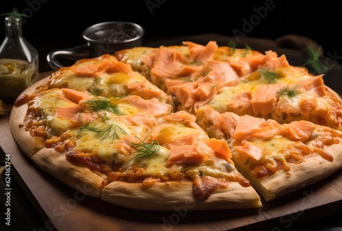 Salmon pizza on a wooden table, Salmon pizza served in a restaurant, salmon pizza, salmon, cheese, pizza