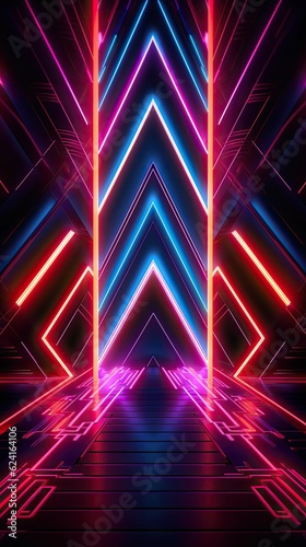 A dynamic neon stage with intersecting beams of light forming a three-dimensional lattice, enveloping the performers in a vibrant glow. Abstract futuristic neon light background. Generative AI