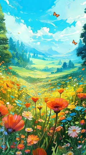 A sunlit meadow with wildflowers in full bloom and butterflies fluttering around. Colorful illustration art. Generative AI