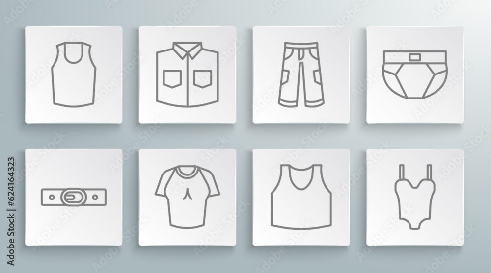 Set line Belt, Shirt, T-shirt, Undershirt, Swimsuit, Pants, Men underpants and icon. Vector Set line Belt, Shirt, T-shirt, Undershirt, Swimsuit, Pants, Men underpants and icon. Vector