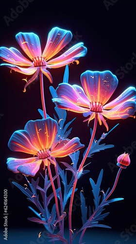 Neon light Cosmos blooming flower. Modern greeting card floral design with glow light flower. Generative AI