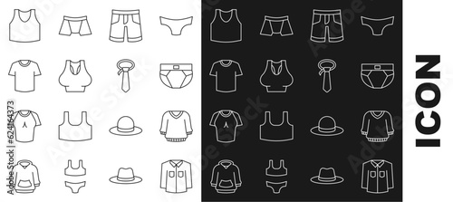 Set line Shirt, Sweater, Men underpants, Short or, Undershirt, T-shirt, and Tie icon. Vector